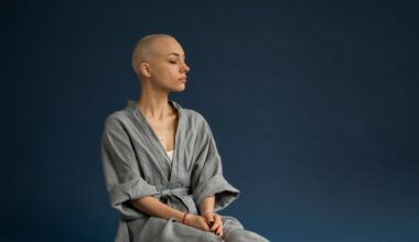 woman with shaved head sitting with eyes closed