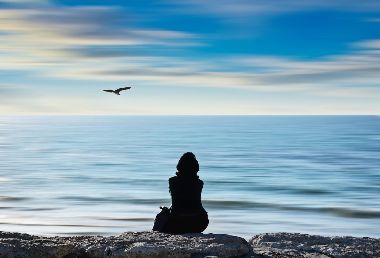 woman sits on rocks by ocean with a bird in the distance