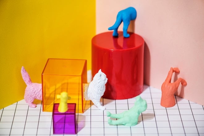 Plastic dog and cat figurines phase in and out of colorful walls