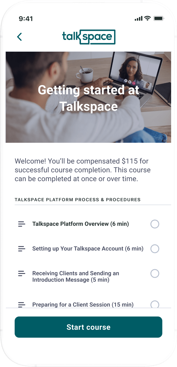 Phone with Talkspace onboarding screen