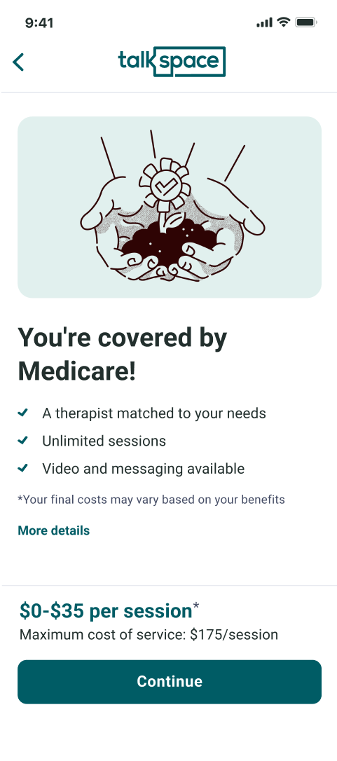 "You're covered" screen in Talkspace app experience