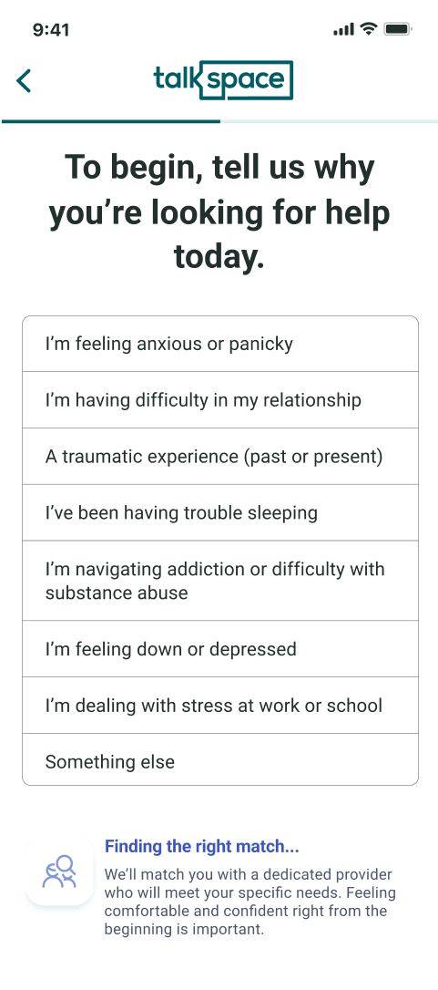 Onboarding steps screen in Talkspace app experience