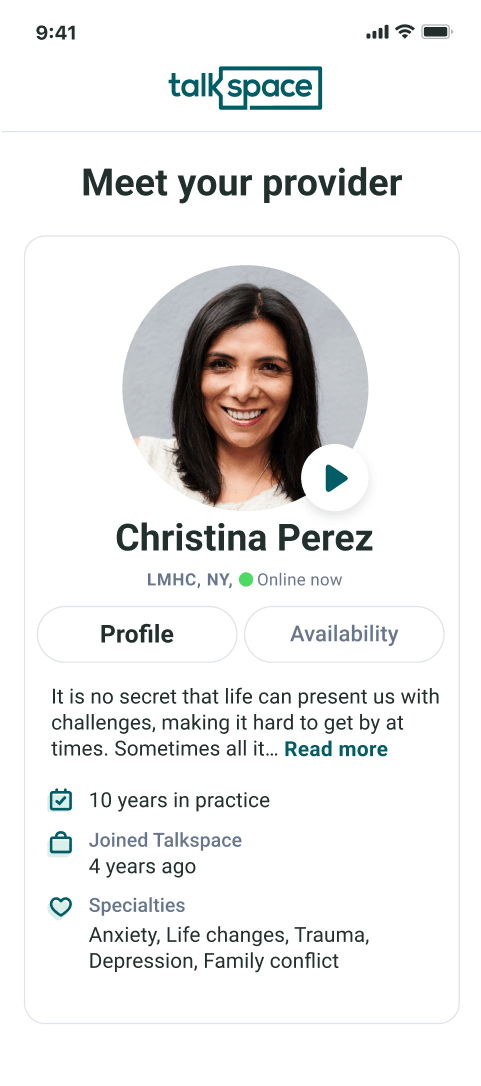 Meet your provider screen in Talkspace app experience