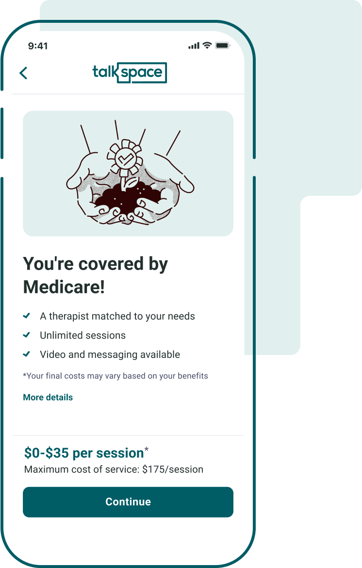 "You're covered" screen in Talkspace app experience