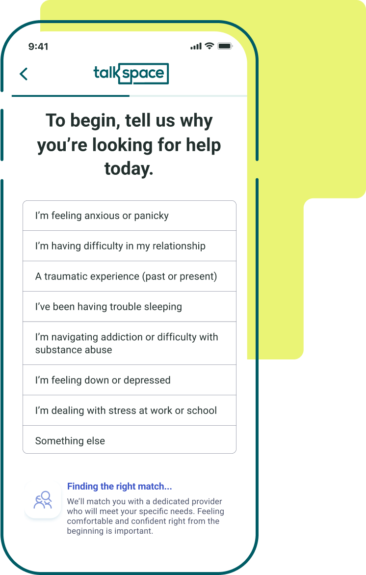 Onboarding steps screen in Talkspace app experience