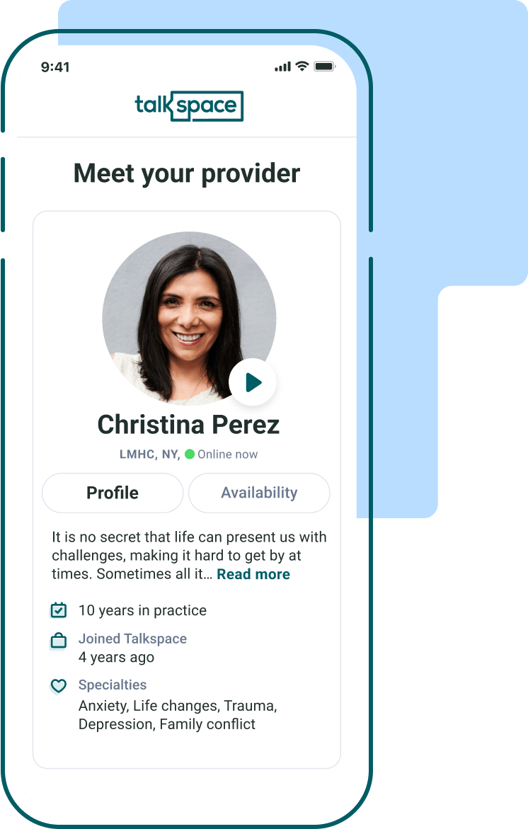 Meet your provider screen in Talkspace app experience