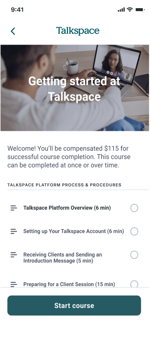 Onboarding screen on Talkspace app