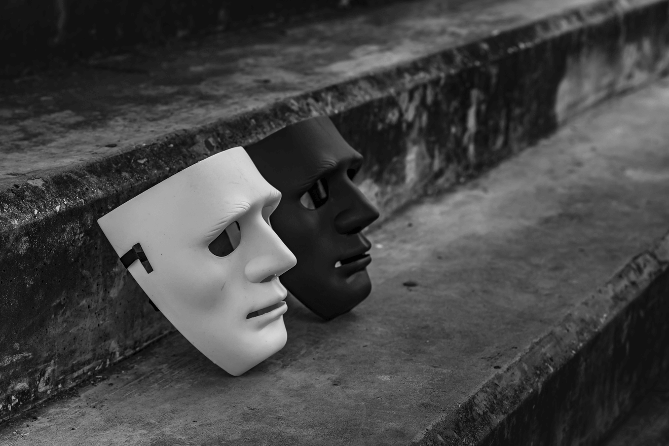 black and white masks on stairs