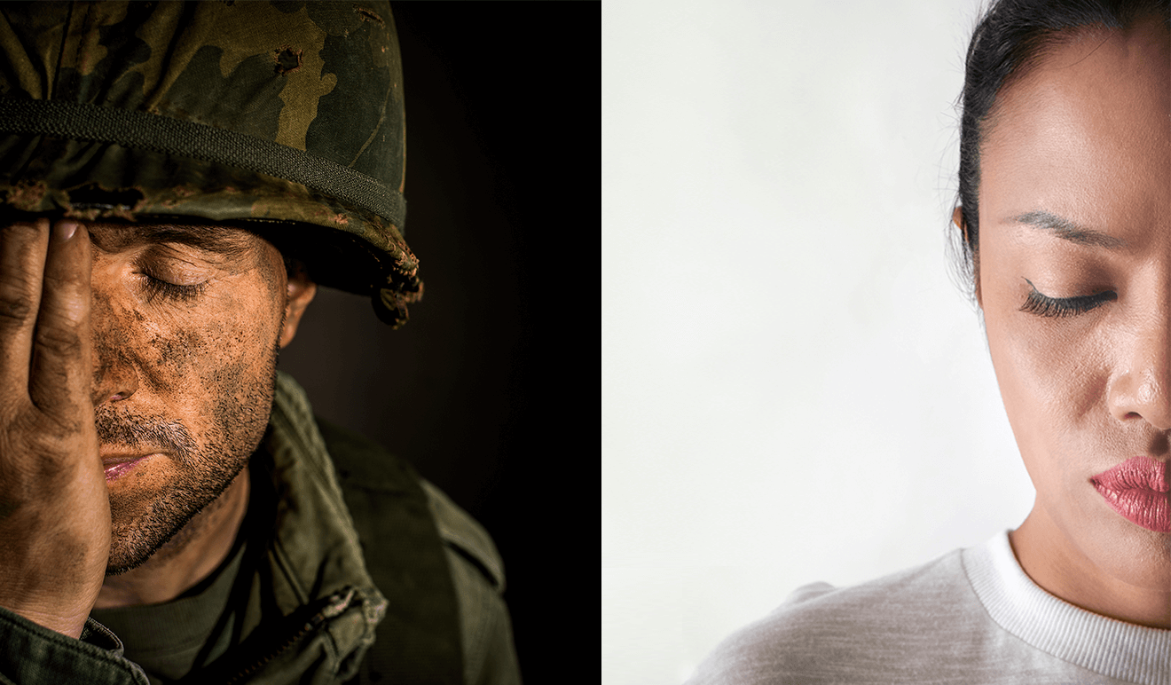 white male solider and black woman split image