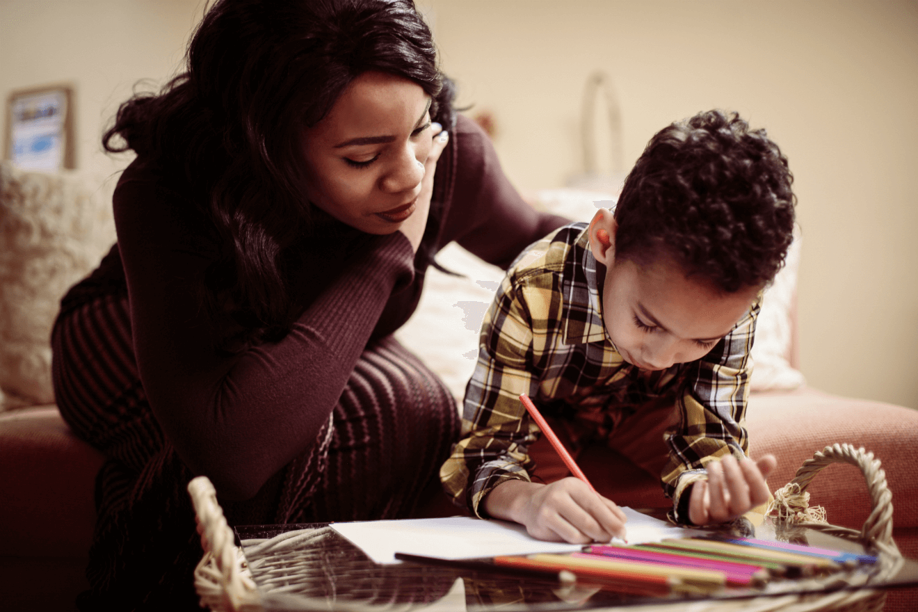 mother with son drawing