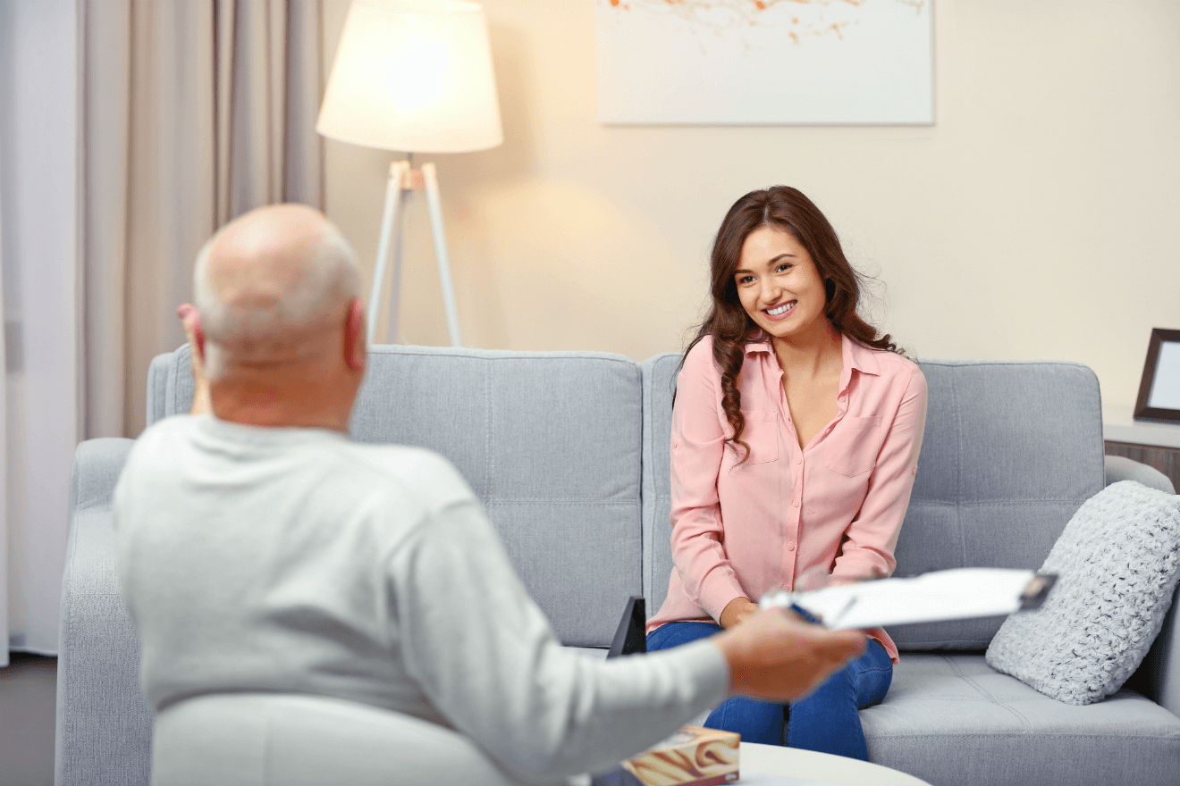 male therapist woman client couch