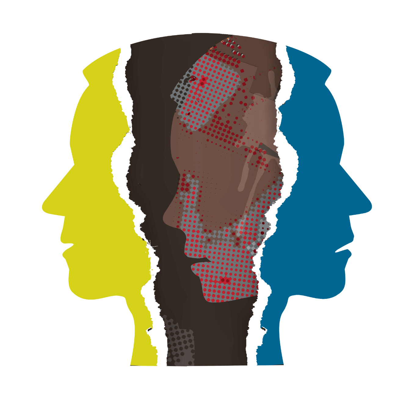 male heads illustration yellow blue red